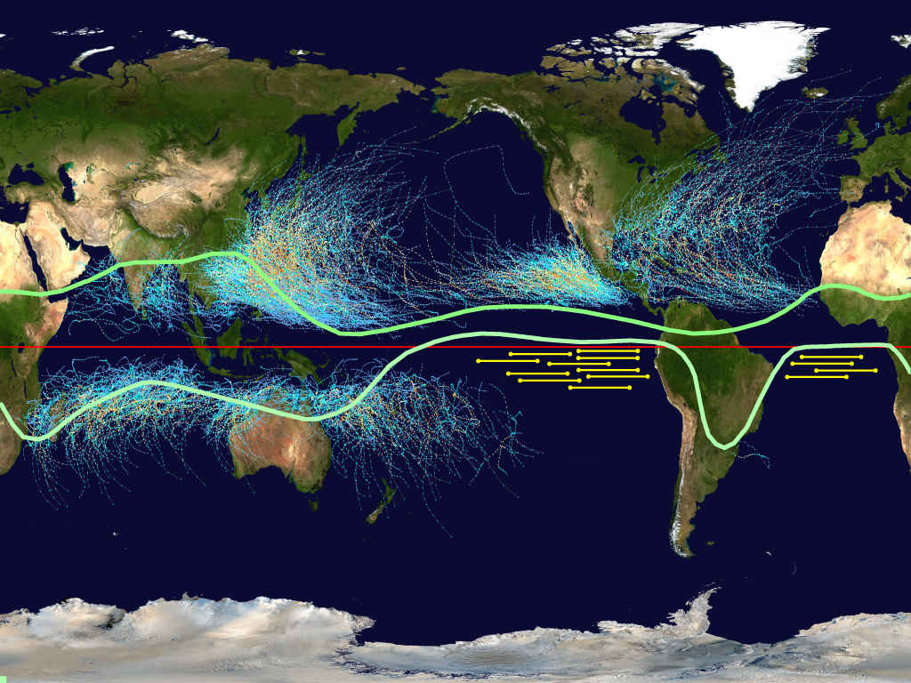 world map with hurricane tracks